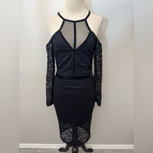 EXPRESS Lace Velvet Piped Cold Shoulder Sheath Dress BLACK Size 0 - Picture 5 of 10